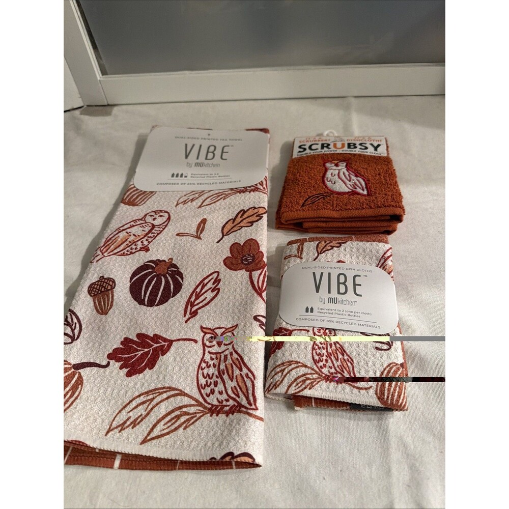 Vibe Dual Sided Tea Towel & Dish Cloths Owl Fall Design Recycled Materials New